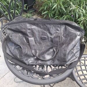 Vintage Fossil Large Duffle Bag Black Distressed Leather Carry On Travel Grunge